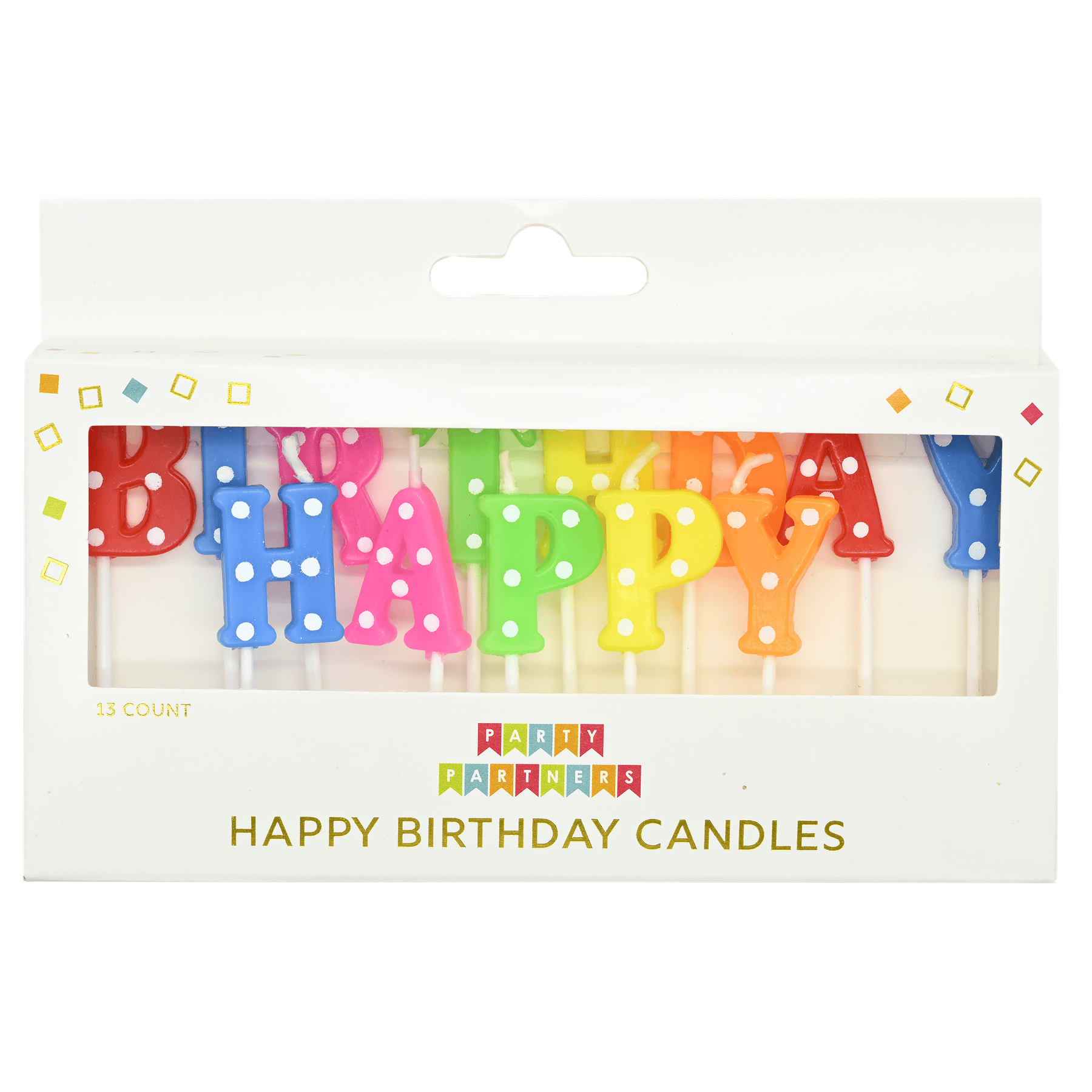 Pictura Happy Birthday Dots candle set with colorful dot designs, perfect for birthday celebrations and cake decoration.